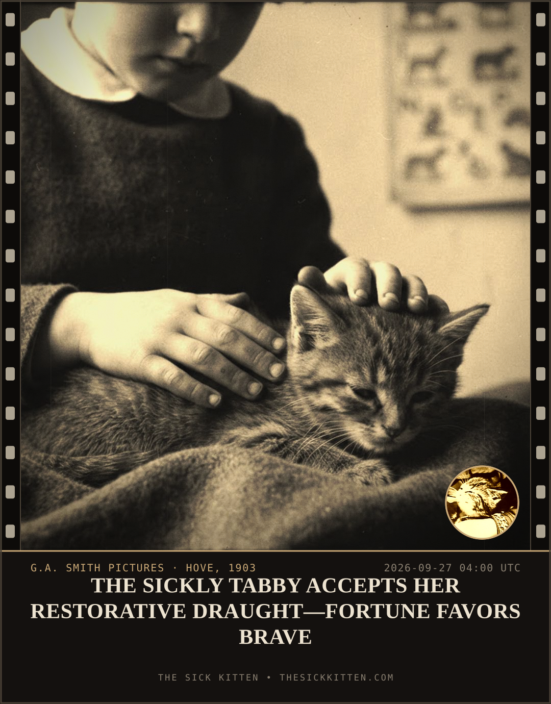 The Sick Kitten, frame no. 1220: THE SICKLY TABBY ACCEPTS HER RESTORATIVE DRAUGHT—FORTUNE FAVORS BRAVE