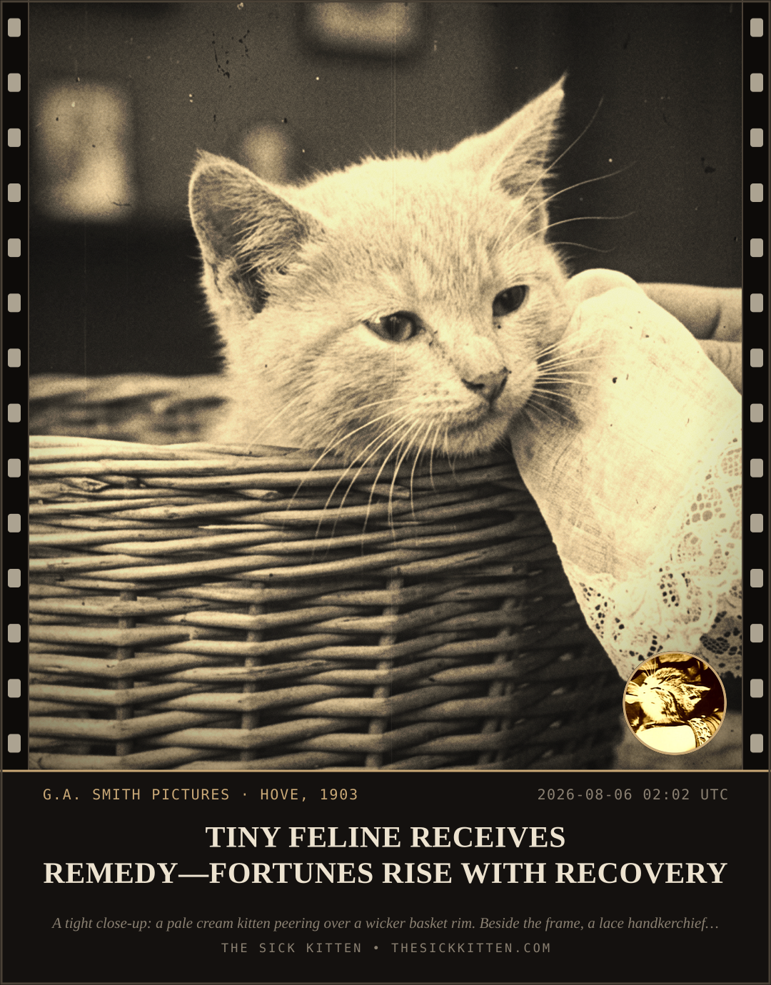 The Sick Kitten, frame no. 731: TINY FELINE RECEIVES REMEDY—FORTUNES RISE WITH RECOVERY