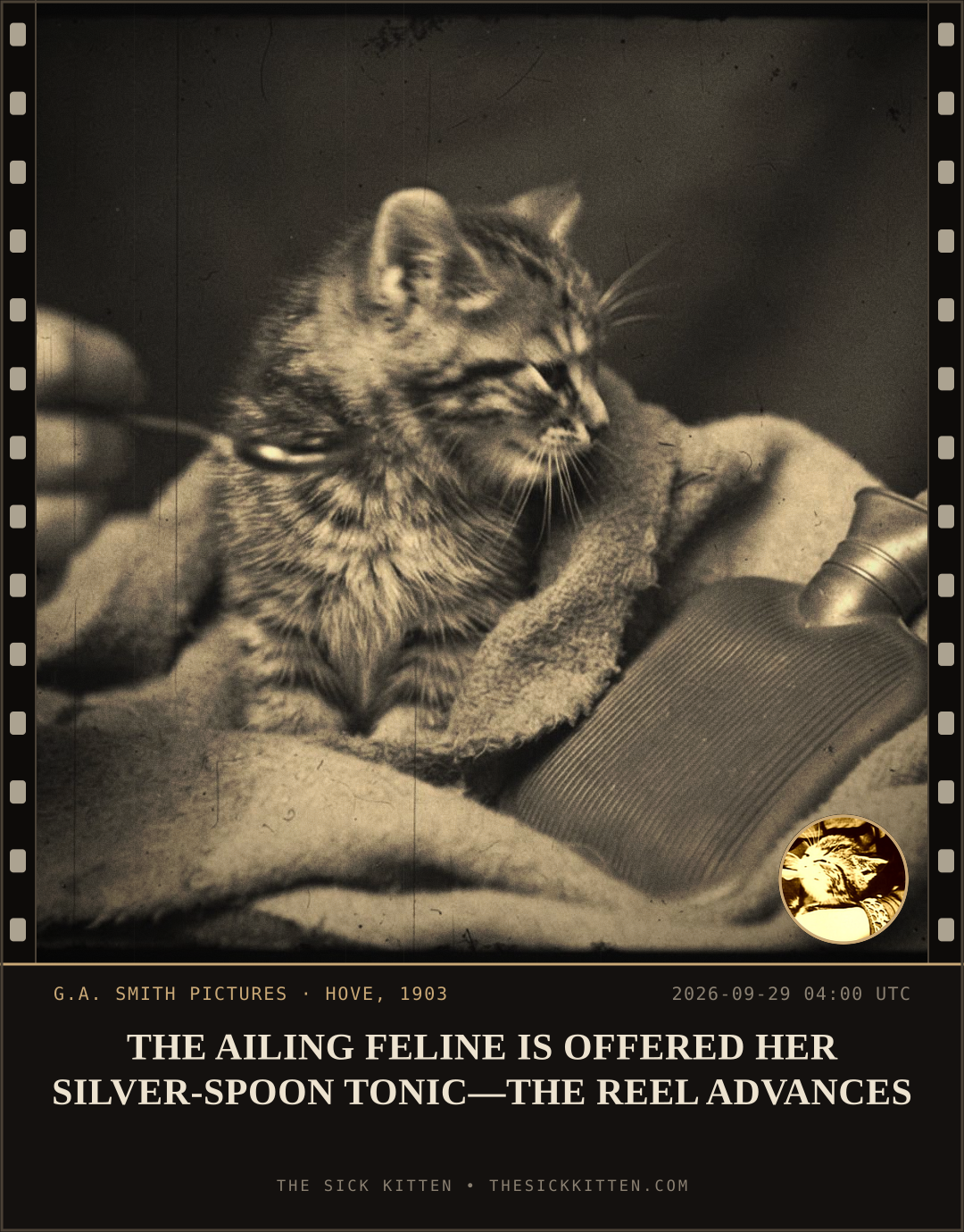 The Sick Kitten, frame no. 1235: THE AILING FELINE IS OFFERED HER SILVER-SPOON TONIC—THE REEL ADVANCES