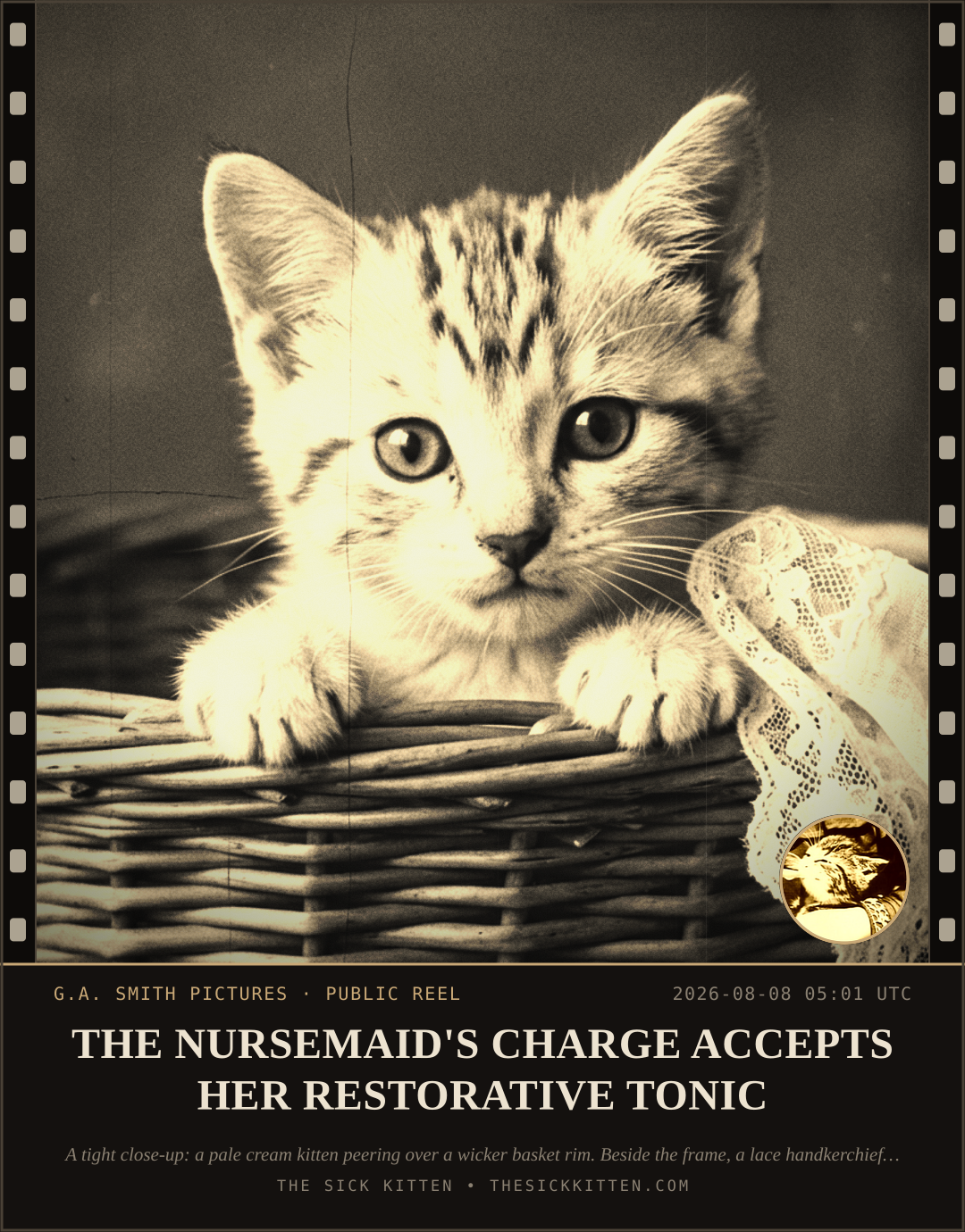 The Sick Kitten, frame no. 828: THE NURSEMAID'S CHARGE ACCEPTS HER RESTORATIVE TONIC