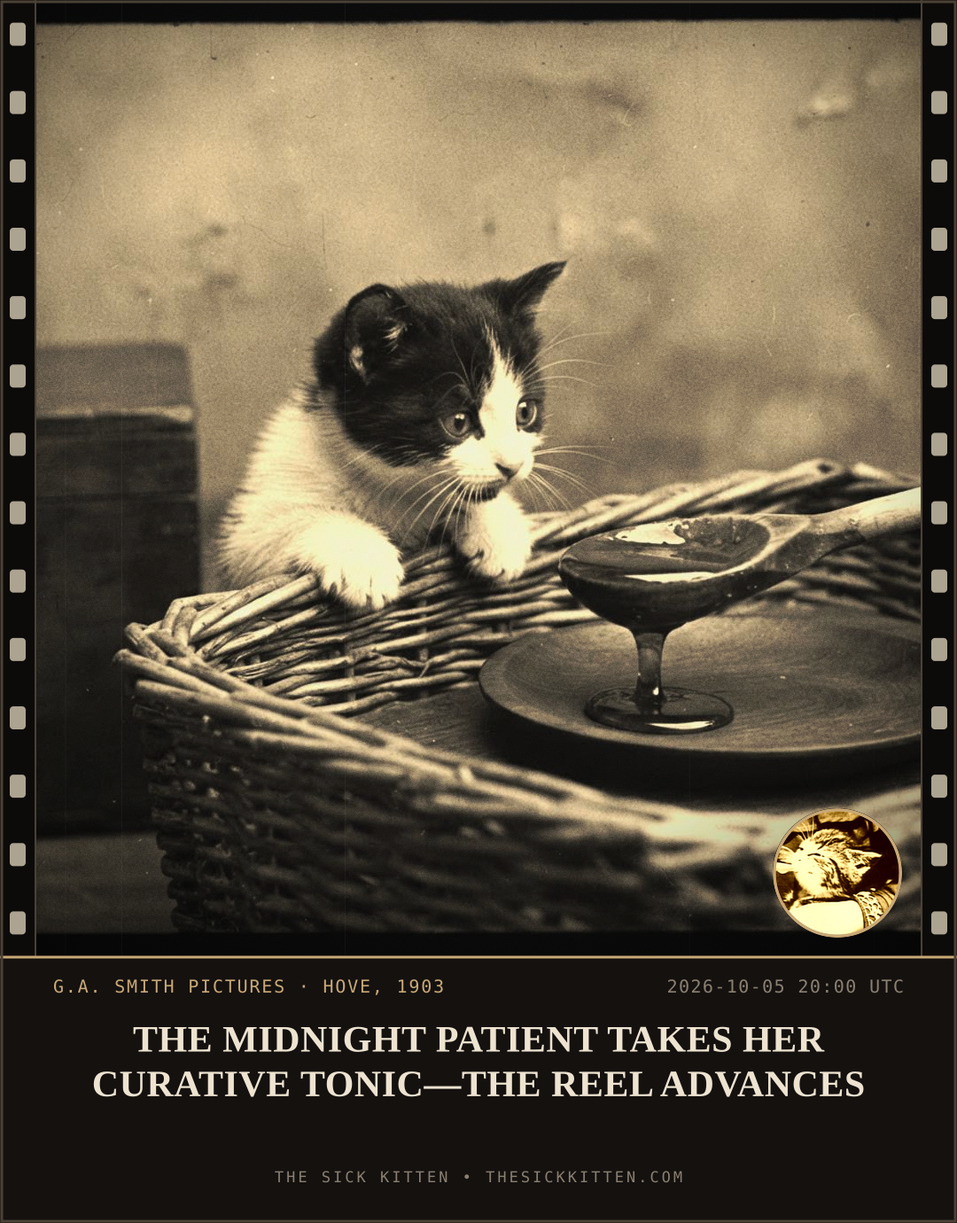The Sick Kitten, frame no. 1261: THE MIDNIGHT PATIENT TAKES HER CURATIVE TONIC—THE REEL ADVANCES