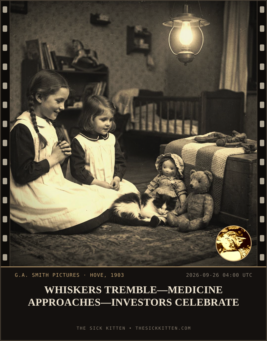 The Sick Kitten, frame no. 1211: WHISKERS TREMBLE—MEDICINE APPROACHES—INVESTORS CELEBRATE