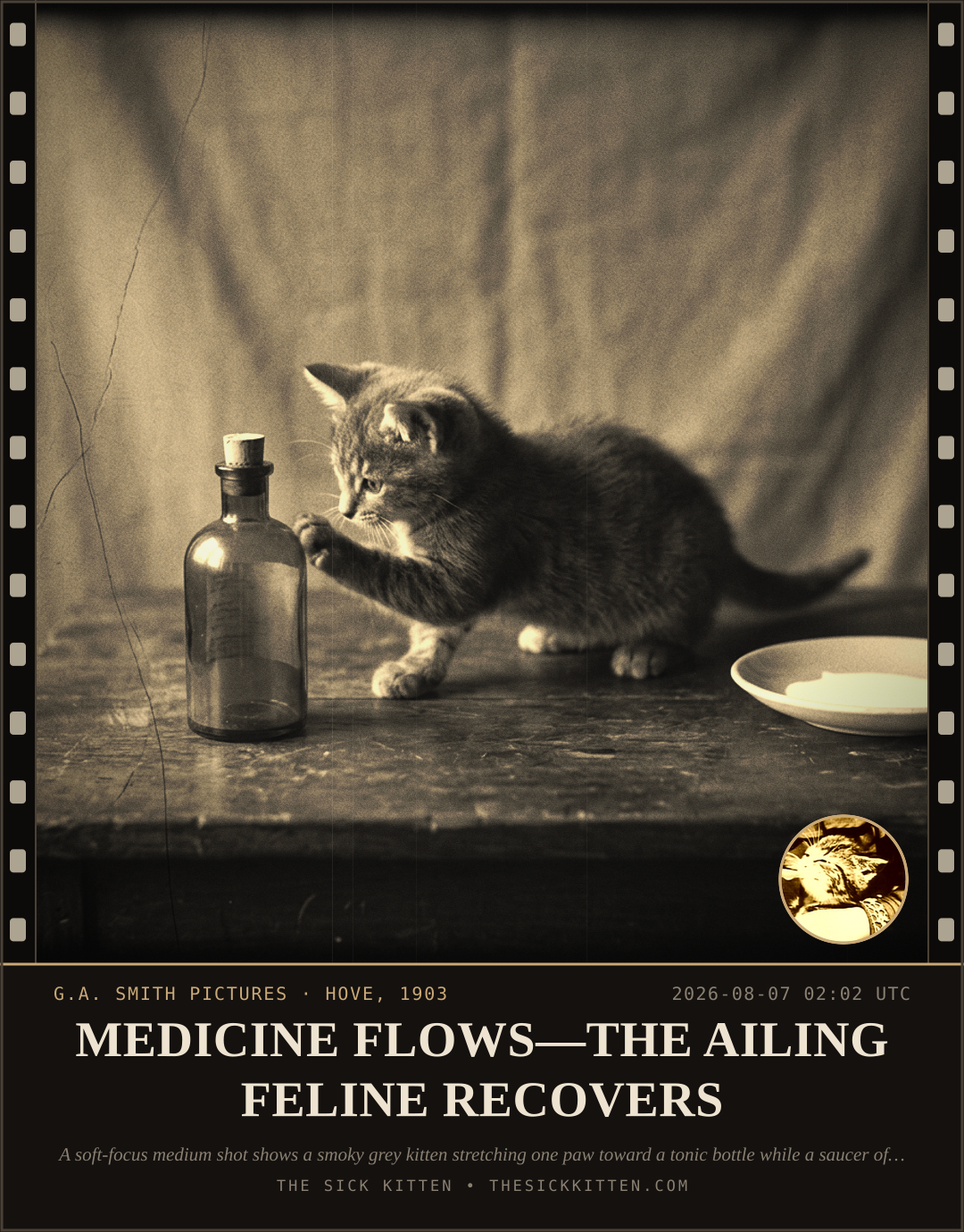 The Sick Kitten, frame no. 778: MEDICINE FLOWS—THE AILING FELINE RECOVERS
