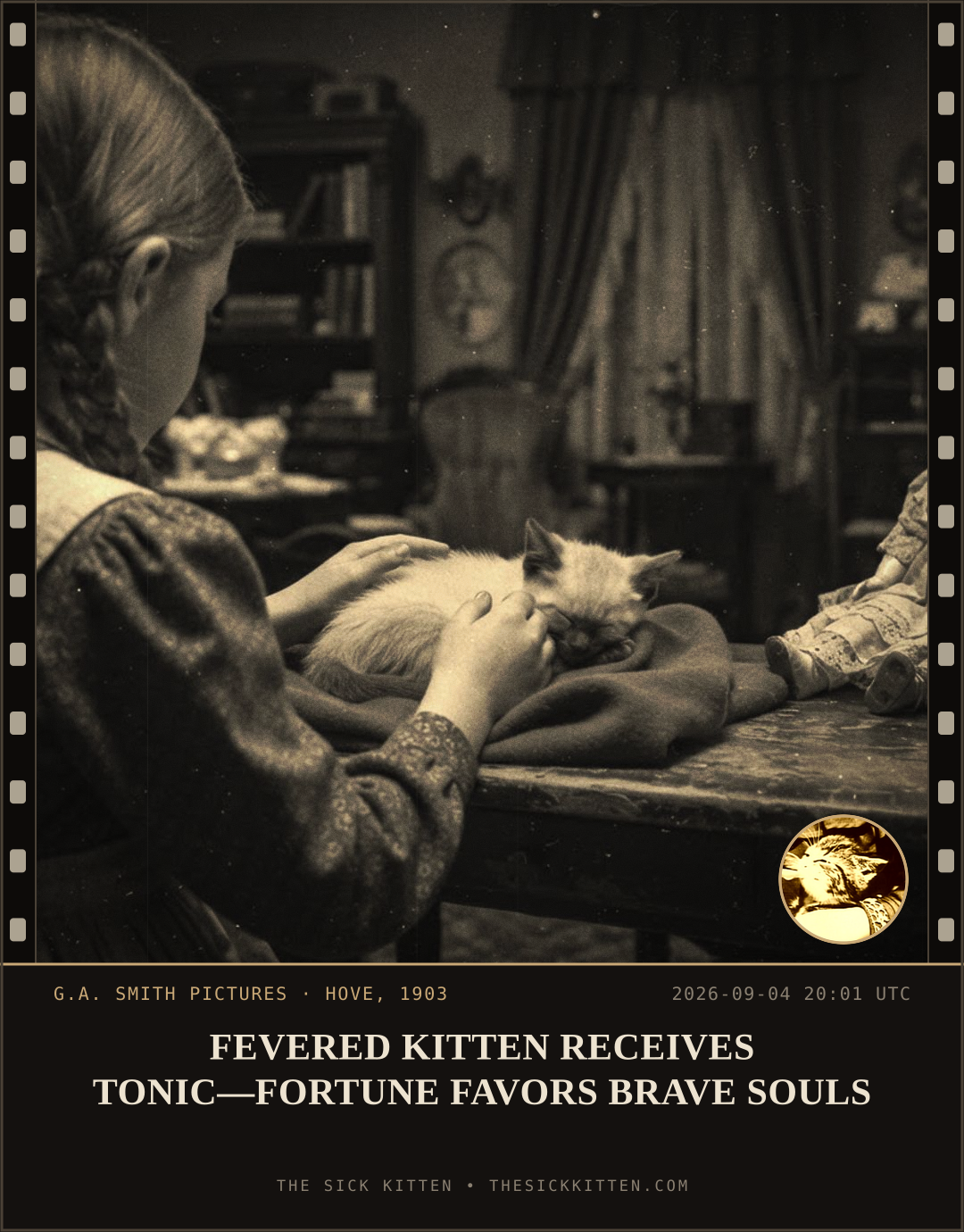 The Sick Kitten, frame no. 1027: FEVERED KITTEN RECEIVES TONIC—FORTUNE FAVORS BRAVE SOULS