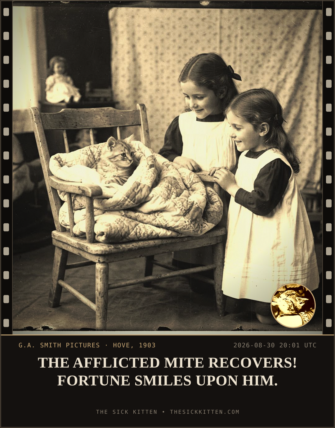 The Sick Kitten, frame no. 991: THE AFFLICTED MITE RECOVERS! FORTUNE SMILES UPON HIM.