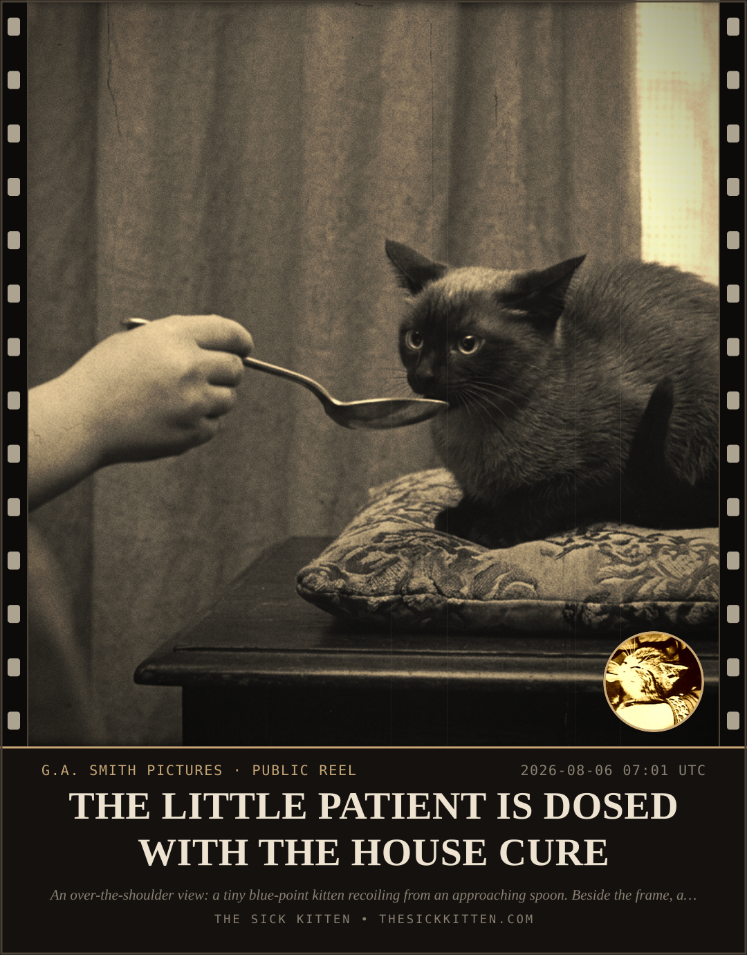 The Sick Kitten, frame no. 739: THE LITTLE PATIENT IS DOSED WITH THE HOUSE CURE