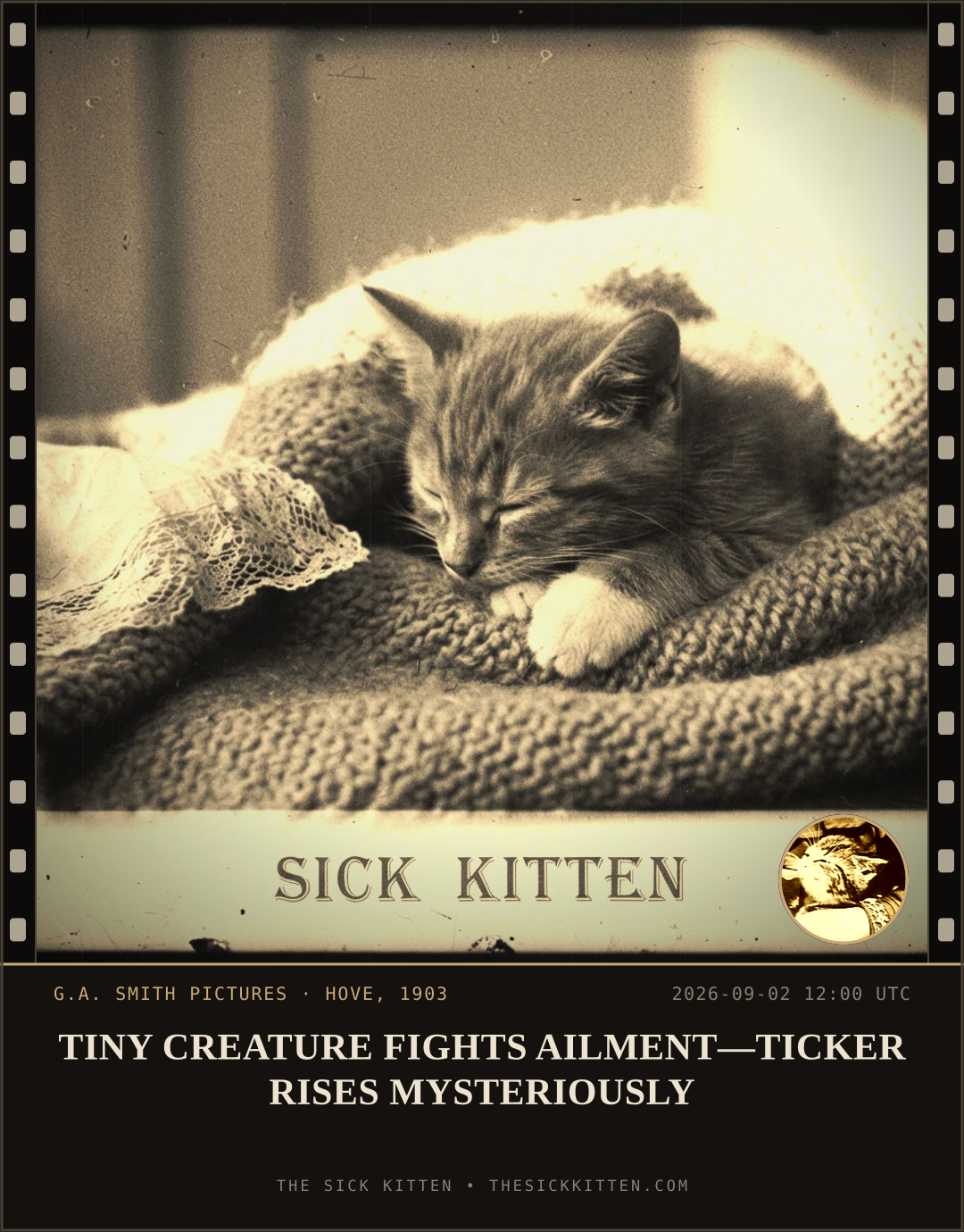 The Sick Kitten, frame no. 1015: TINY CREATURE FIGHTS AILMENT—TICKER RISES MYSTERIOUSLY
