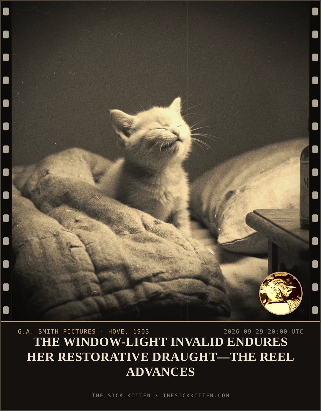 The Sick Kitten, frame no. 1239: THE WINDOW-LIGHT INVALID ENDURES HER RESTORATIVE DRAUGHT—THE REEL ADVANCES