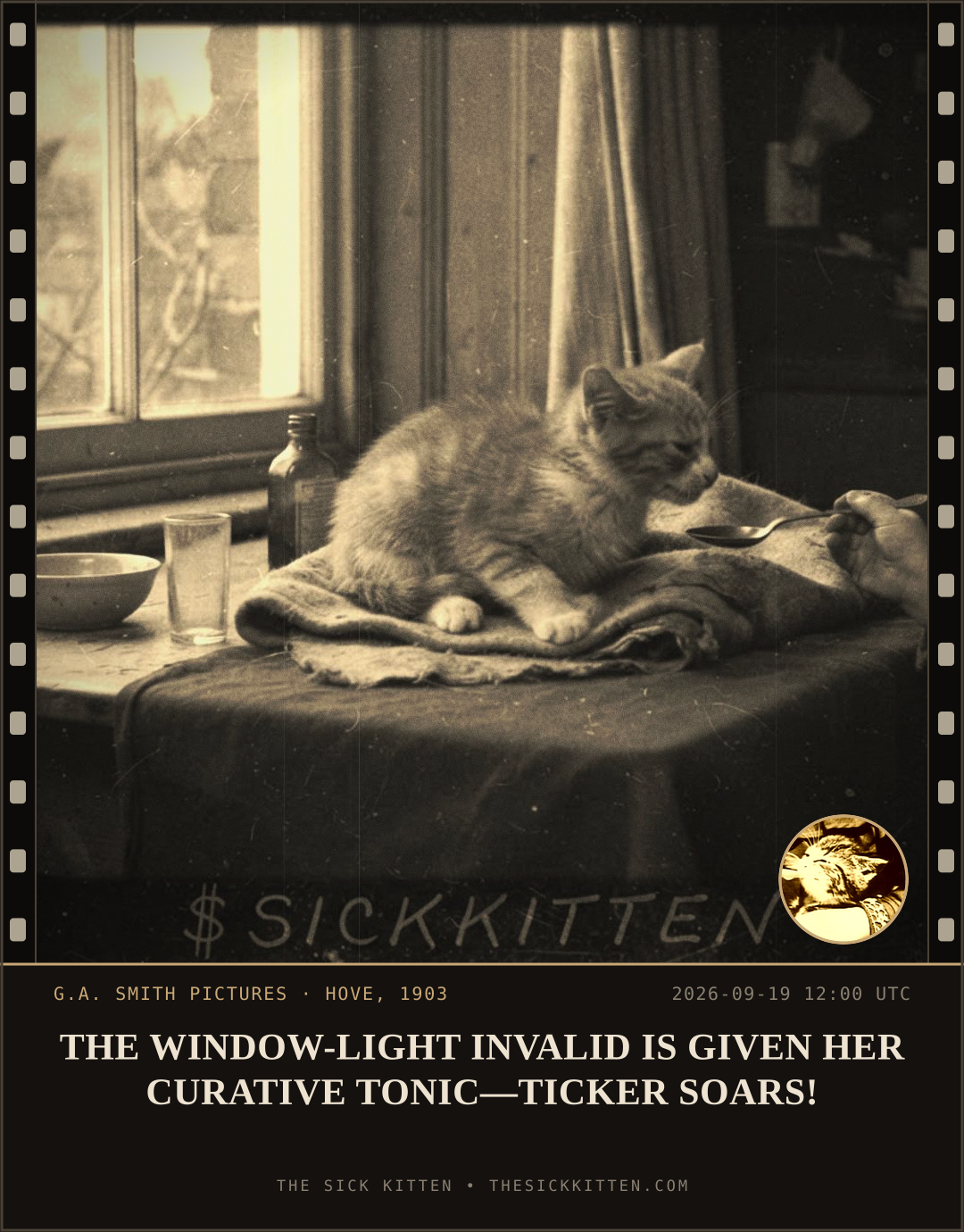 The Sick Kitten, frame no. 1151: THE WINDOW-LIGHT INVALID IS GIVEN HER CURATIVE TONIC—TICKER SOARS!