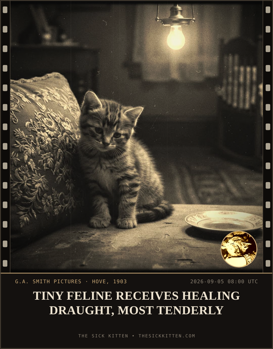 The Sick Kitten, frame no. 1031: TINY FELINE RECEIVES HEALING DRAUGHT, MOST TENDERLY