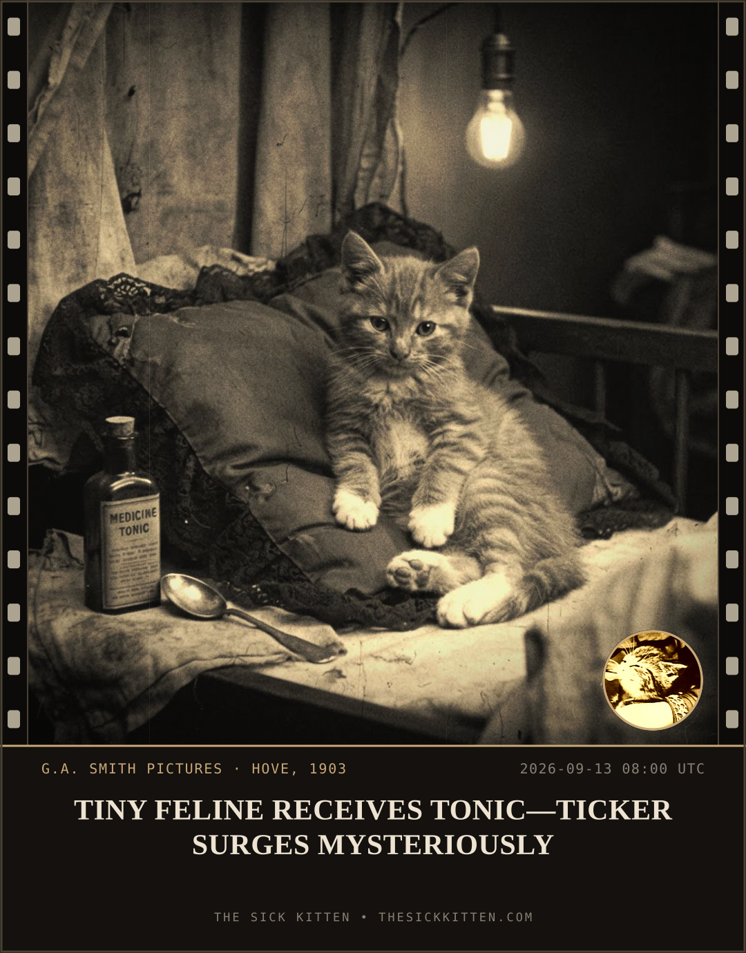 The Sick Kitten, frame no. 1103: TINY FELINE RECEIVES TONIC—TICKER SURGES MYSTERIOUSLY