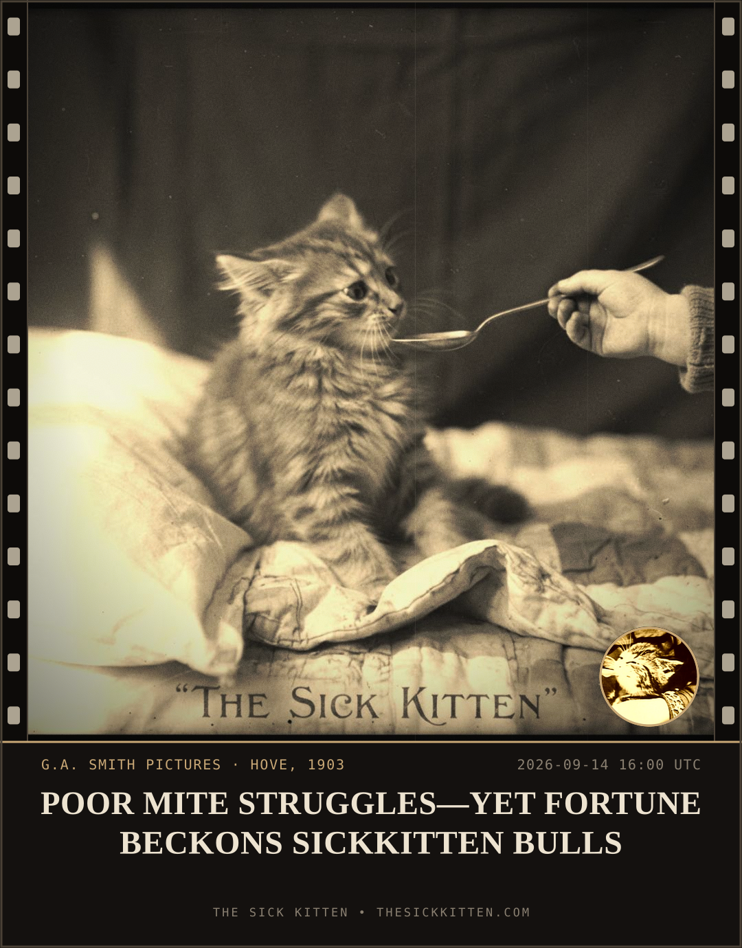 The Sick Kitten, frame no. 1116: POOR MITE STRUGGLES—YET FORTUNE BECKONS SICKKITTEN BULLS