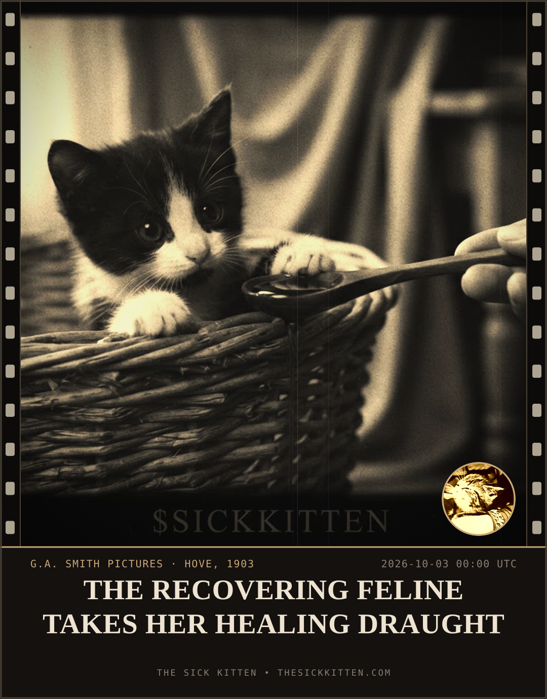 The Sick Kitten, frame no. 1254: THE RECOVERING FELINE TAKES HER HEALING DRAUGHT