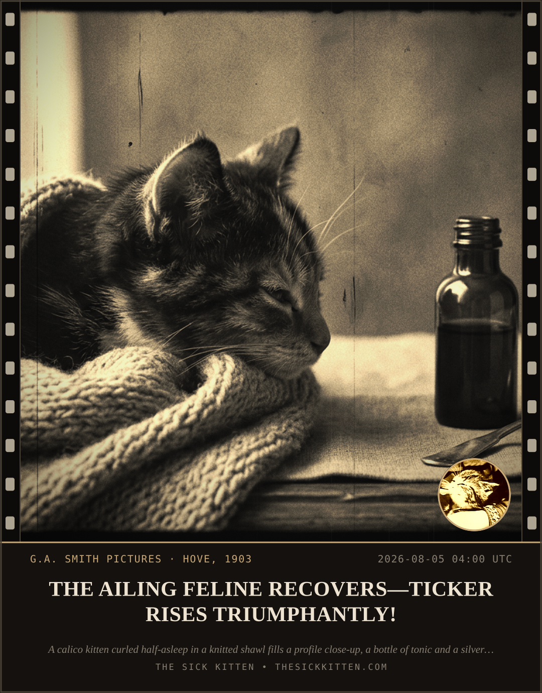 The Sick Kitten, frame no. 691: THE AILING FELINE RECOVERS—TICKER RISES TRIUMPHANTLY!