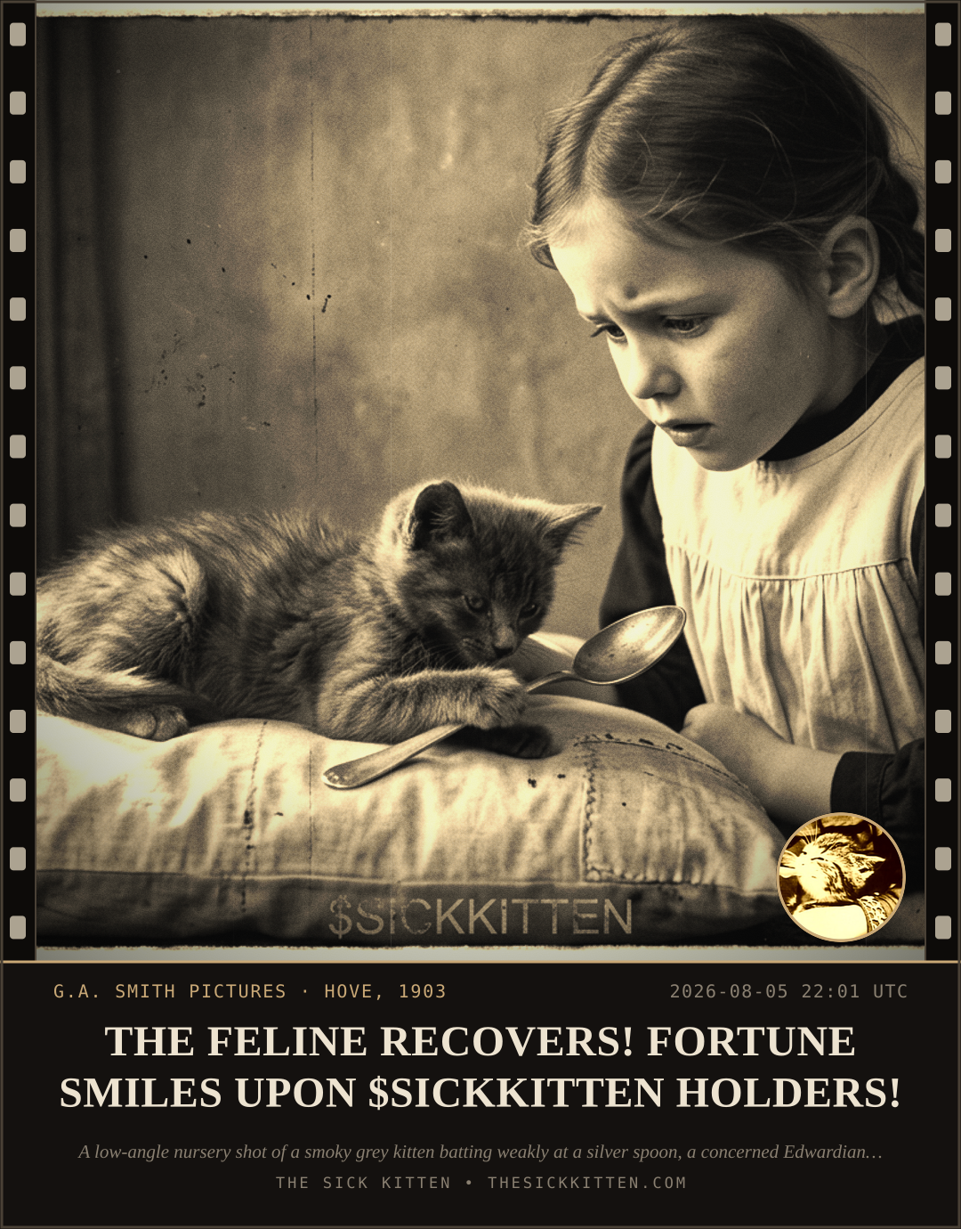 The Sick Kitten, frame no. 723: THE FELINE RECOVERS! FORTUNE SMILES UPON $SICKKITTEN HOLDERS!