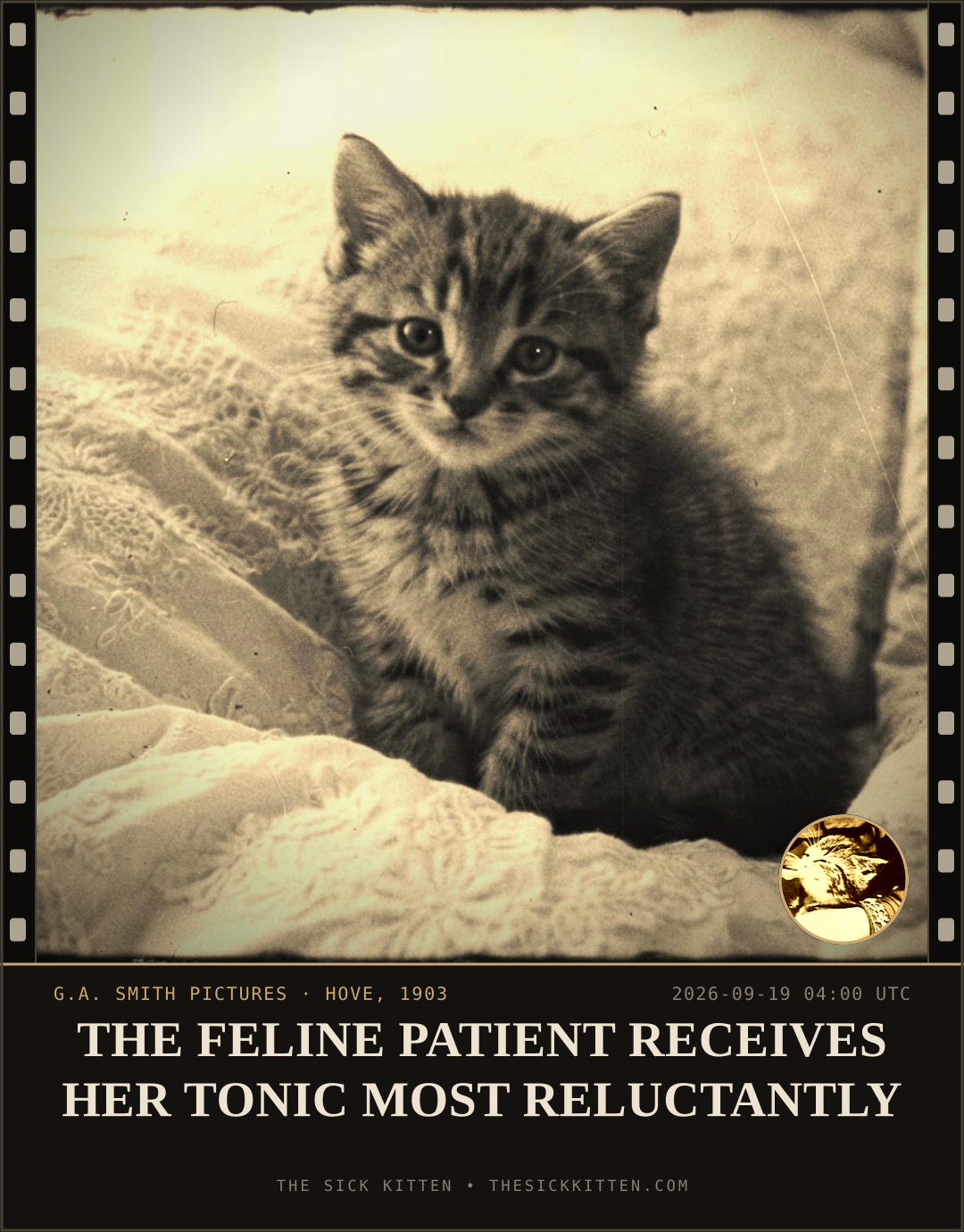 The Sick Kitten, frame no. 1149: THE FELINE PATIENT RECEIVES HER TONIC MOST RELUCTANTLY