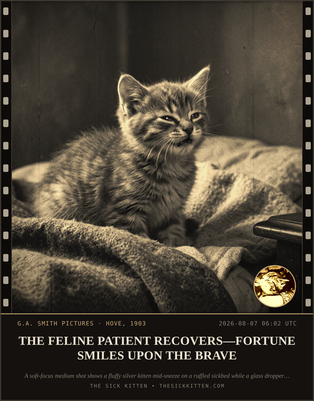 The Sick Kitten, frame no. 786: THE FELINE PATIENT RECOVERS—FORTUNE SMILES UPON THE BRAVE