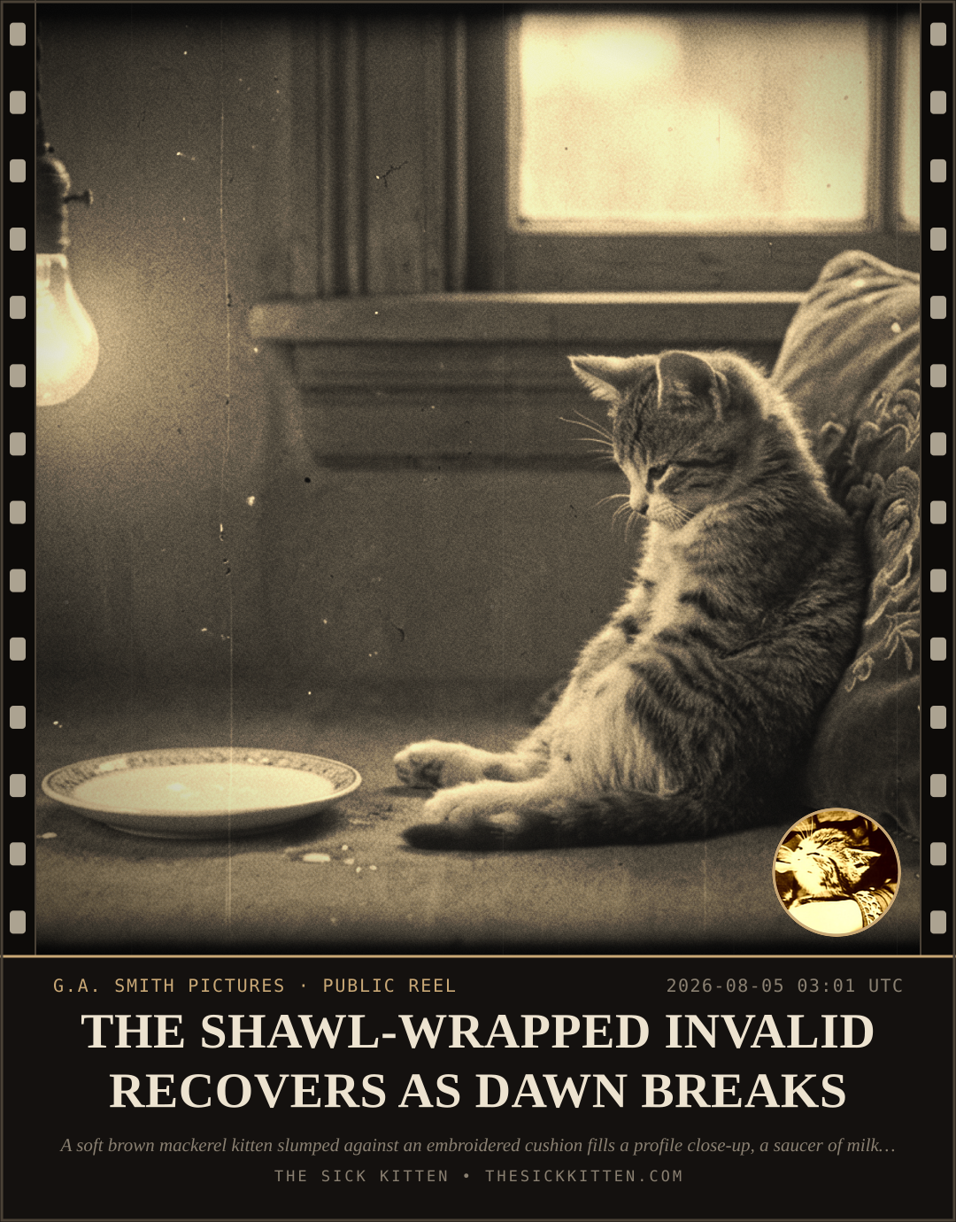 The Sick Kitten, frame no. 690: THE SHAWL-WRAPPED INVALID RECOVERS AS DAWN BREAKS