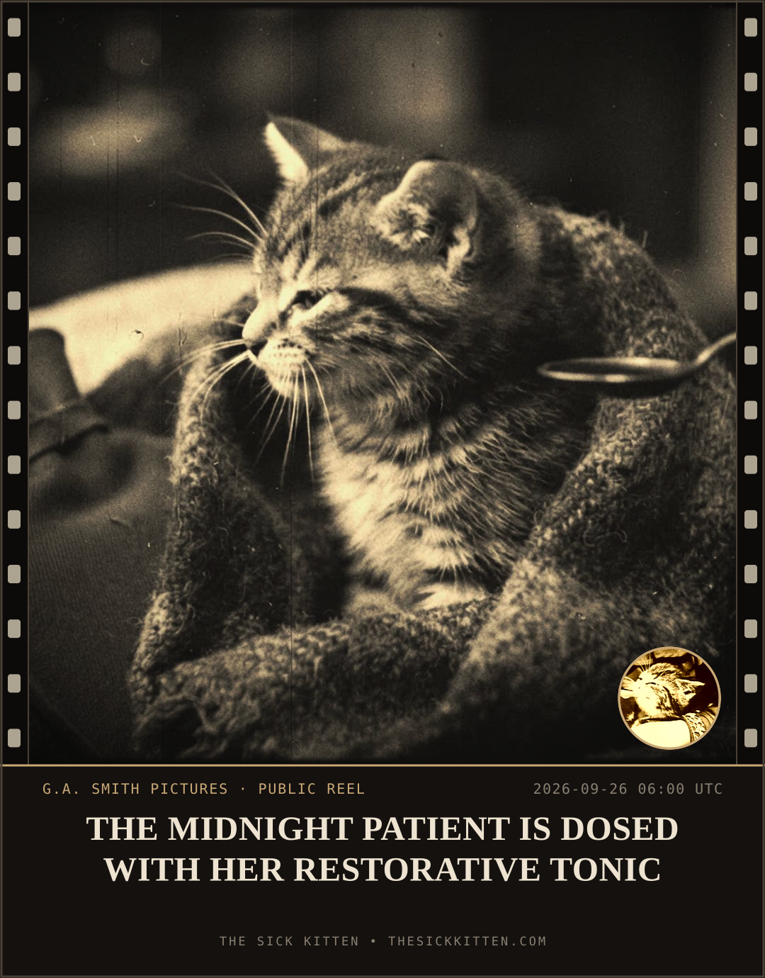 The Sick Kitten, frame no. 1212: THE MIDNIGHT PATIENT IS DOSED WITH HER RESTORATIVE TONIC
