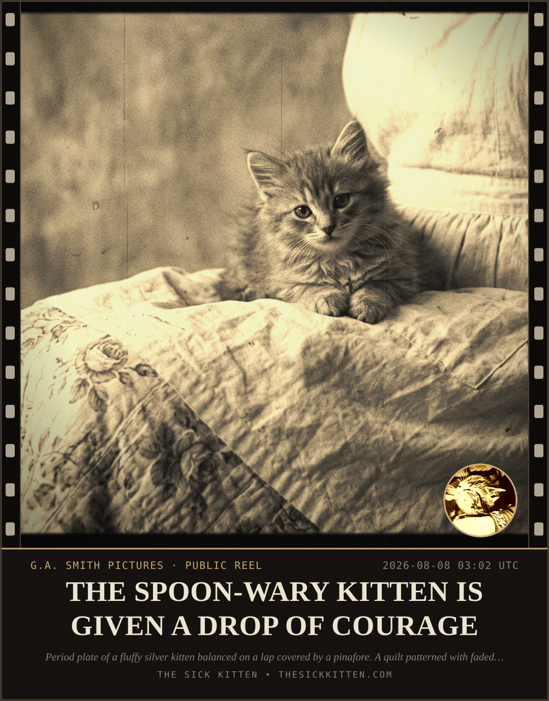 The Sick Kitten, frame no. 825: THE SPOON-WARY KITTEN IS GIVEN A DROP OF COURAGE