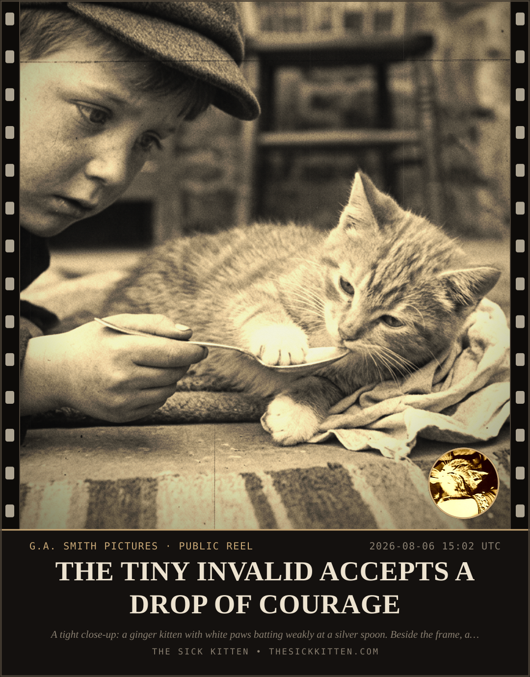 The Sick Kitten, frame no. 756: THE TINY INVALID ACCEPTS A DROP OF COURAGE
