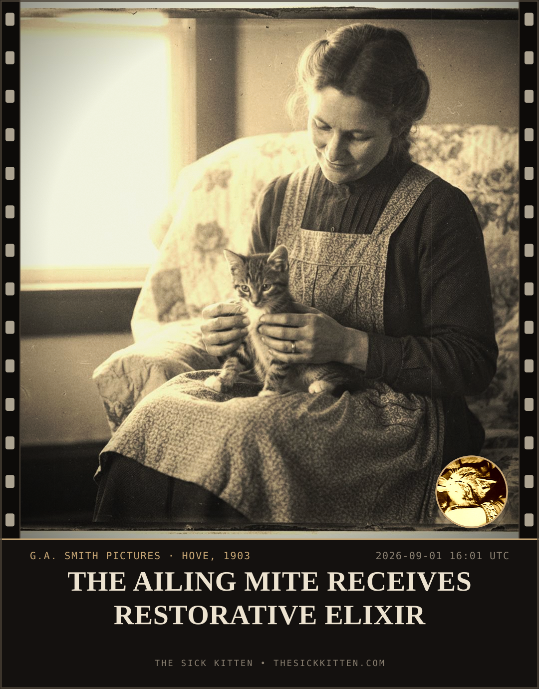 The Sick Kitten, frame no. 1004: THE AILING MITE RECEIVES RESTORATIVE ELIXIR