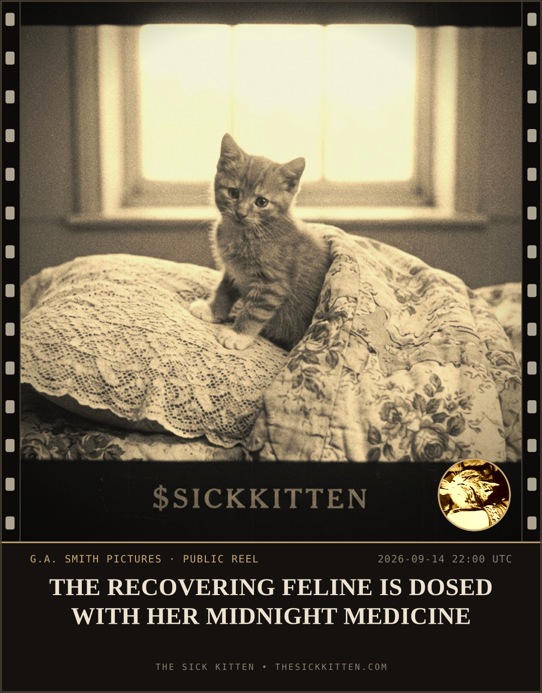 The Sick Kitten, frame no. 1119: THE RECOVERING FELINE IS DOSED WITH HER MIDNIGHT MEDICINE