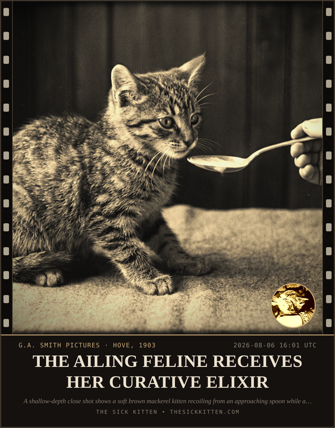 The Sick Kitten, frame no. 757: THE AILING FELINE RECEIVES HER CURATIVE ELIXIR