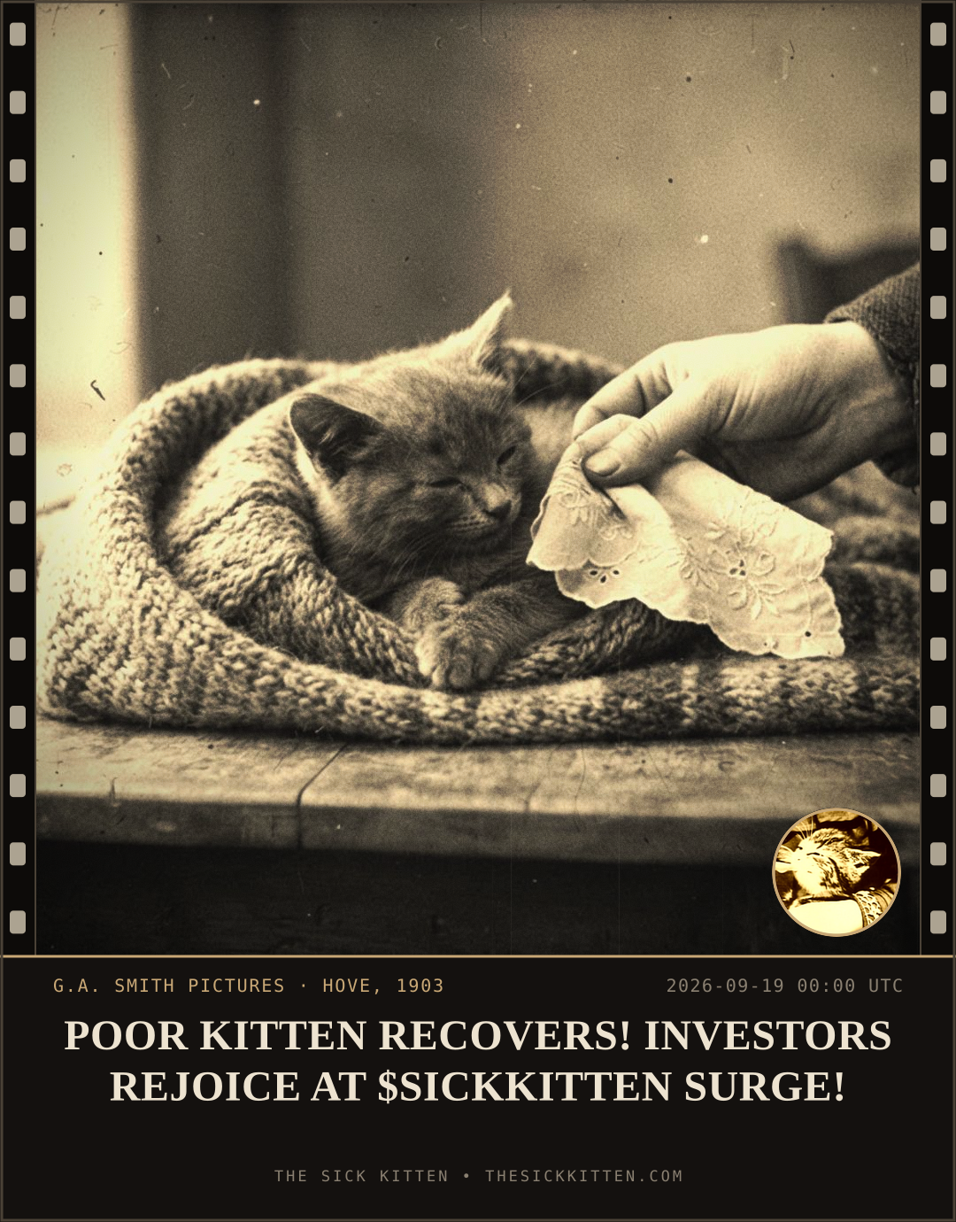The Sick Kitten, frame no. 1148: POOR KITTEN RECOVERS! INVESTORS REJOICE AT $SICKKITTEN SURGE!