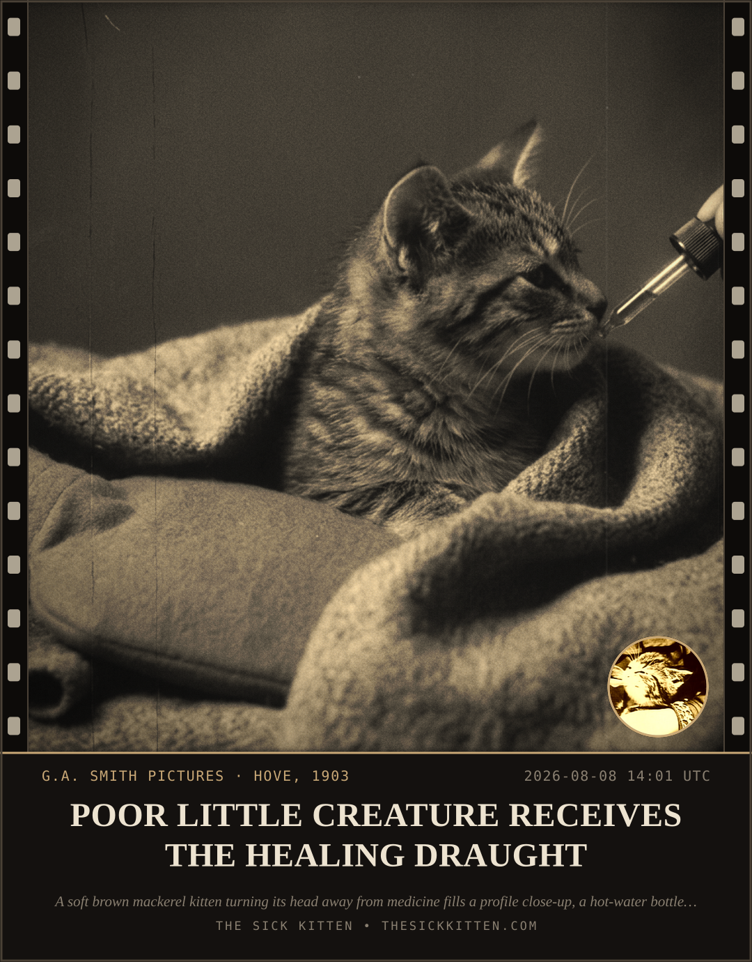 The Sick Kitten, frame no. 842: POOR LITTLE CREATURE RECEIVES THE HEALING DRAUGHT