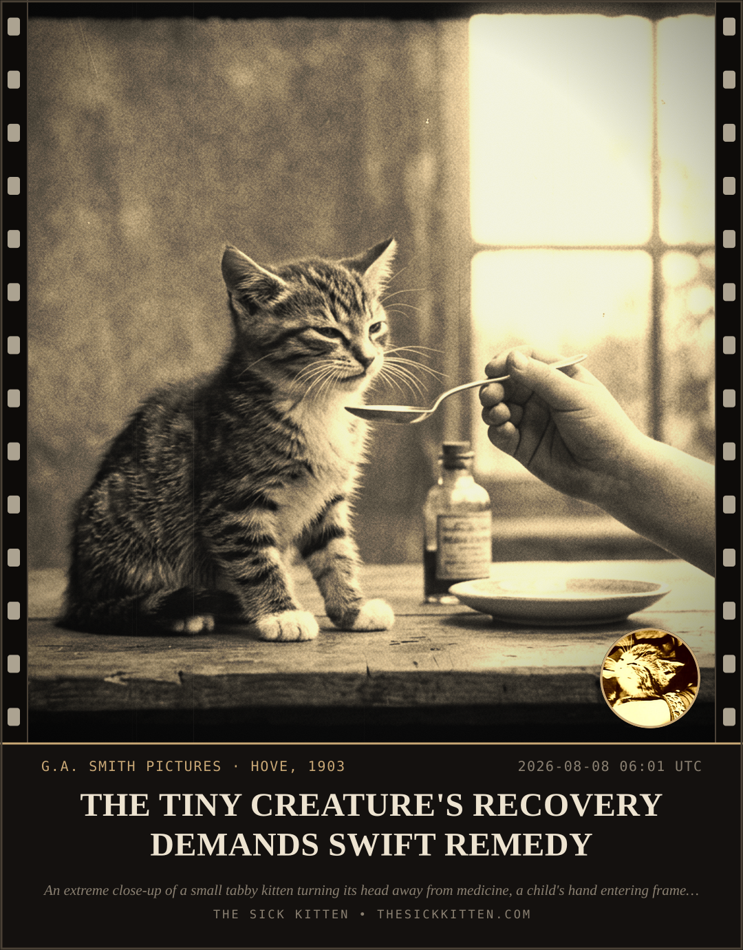 The Sick Kitten, frame no. 830: THE TINY CREATURE'S RECOVERY DEMANDS SWIFT REMEDY