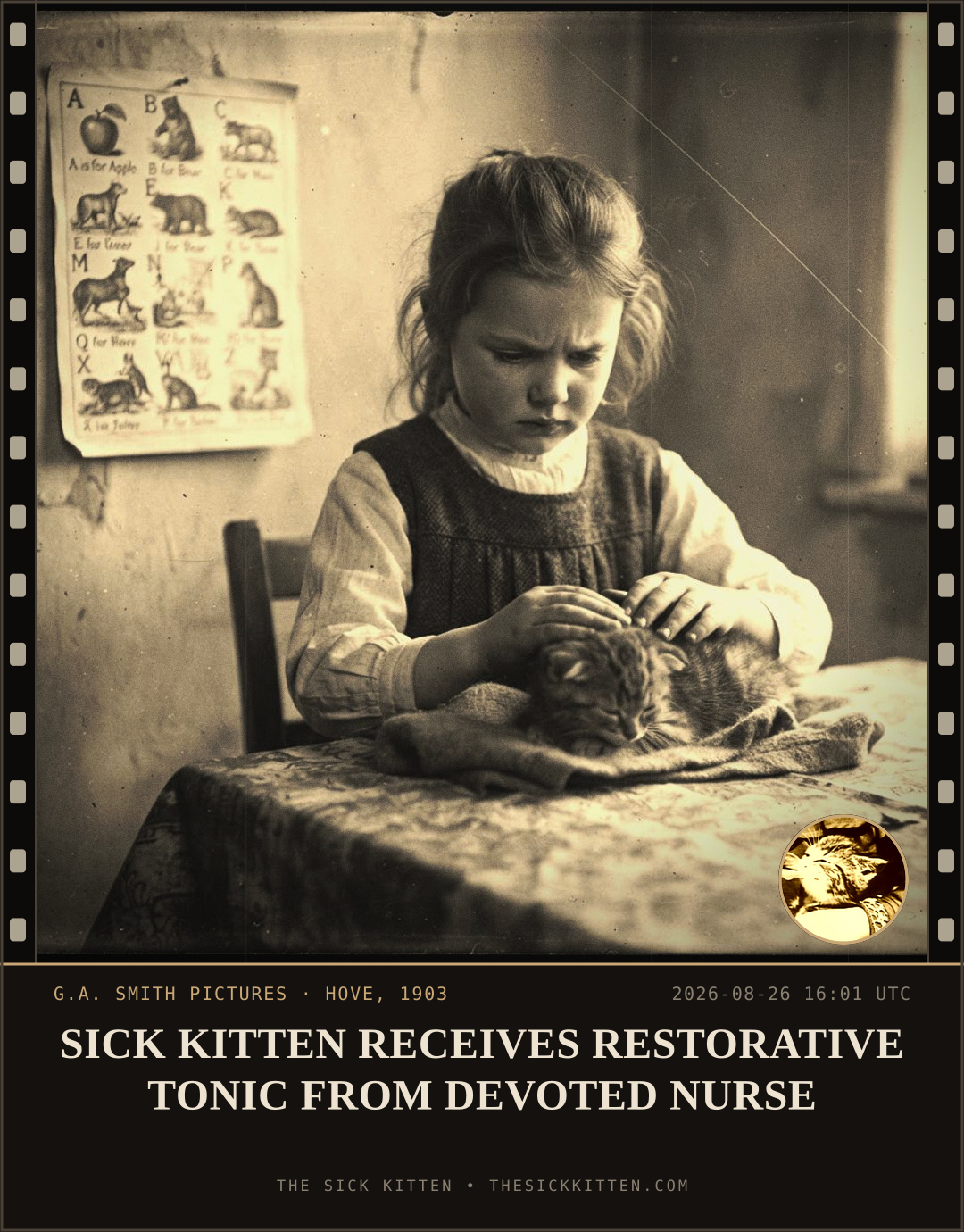 The Sick Kitten, frame no. 956: SICK KITTEN RECEIVES RESTORATIVE TONIC FROM DEVOTED NURSE