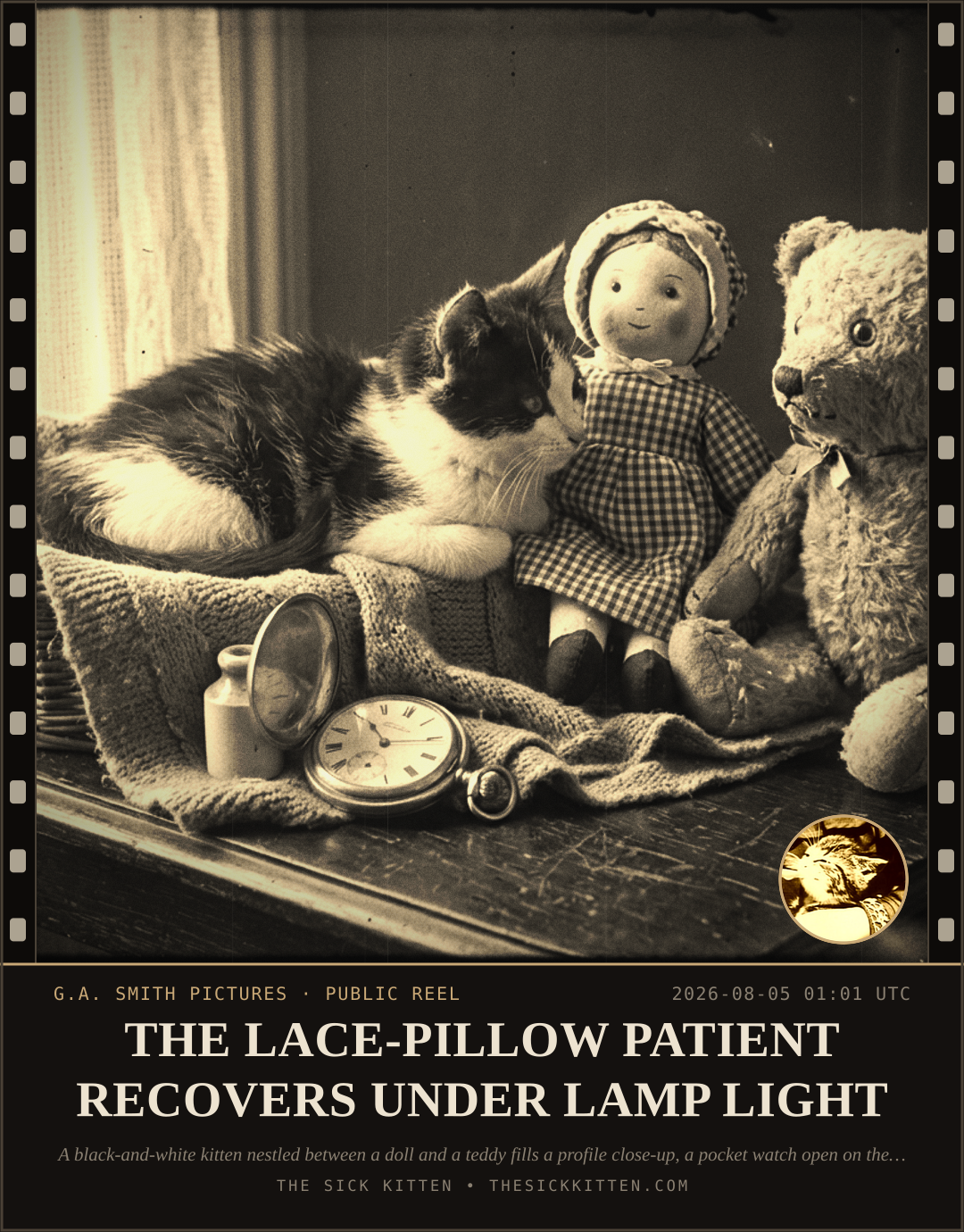 The Sick Kitten, frame no. 685: THE LACE-PILLOW PATIENT RECOVERS UNDER LAMP LIGHT
