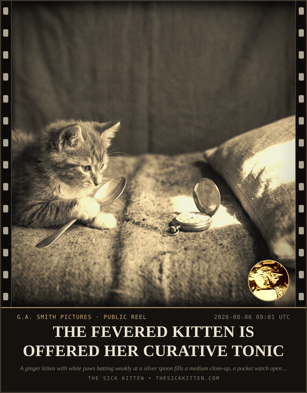 The Sick Kitten, frame no. 744: THE FEVERED KITTEN IS OFFERED HER CURATIVE TONIC
