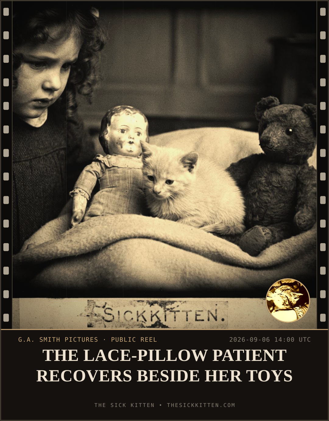 The Sick Kitten, frame no. 1043: THE LACE-PILLOW PATIENT RECOVERS BESIDE HER TOYS
