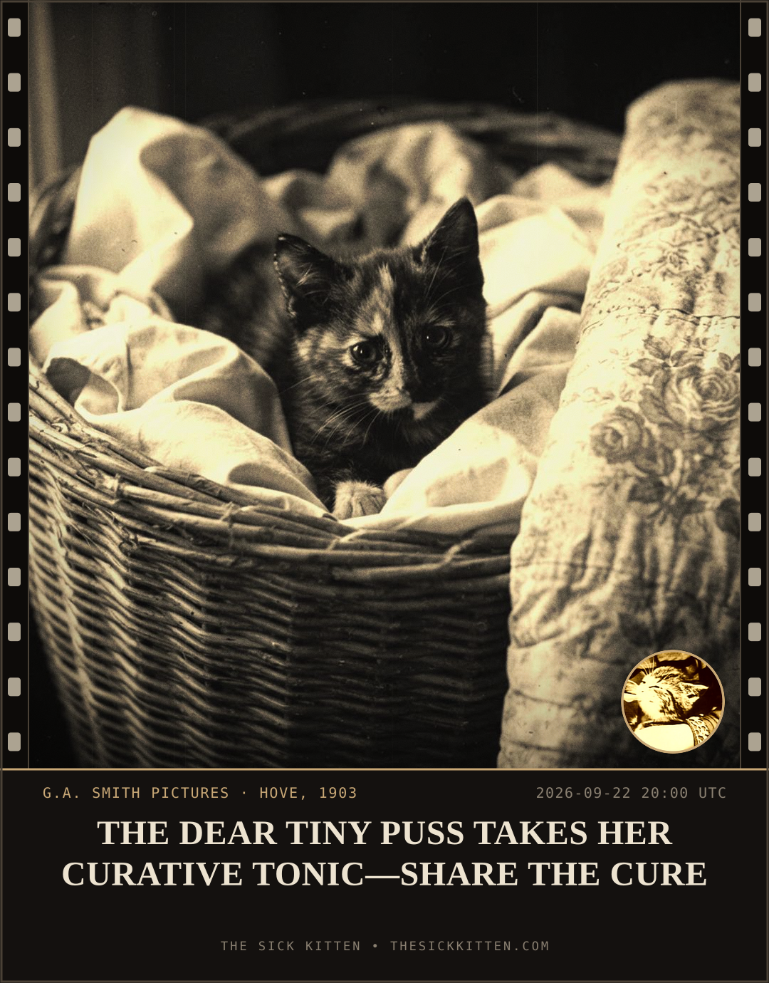The Sick Kitten, frame no. 1187: THE DEAR TINY PUSS TAKES HER CURATIVE TONIC—SHARE THE CURE