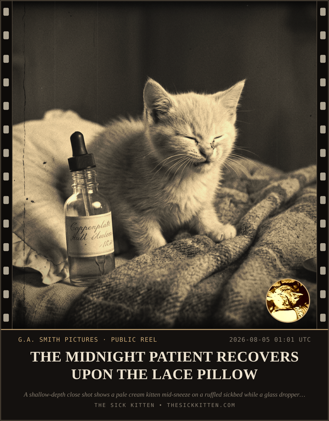 The Sick Kitten, frame no. 684: THE MIDNIGHT PATIENT RECOVERS UPON THE LACE PILLOW