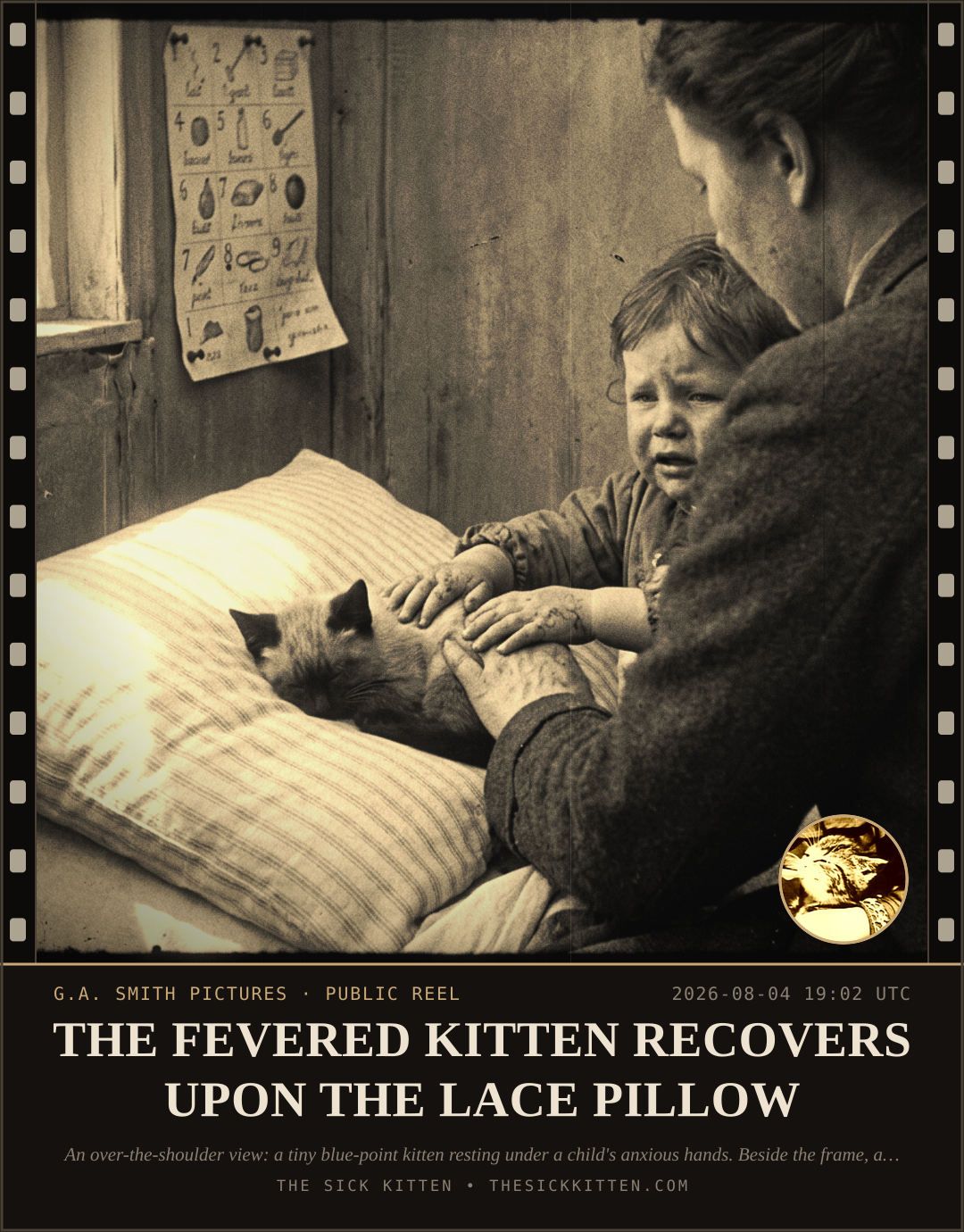 The Sick Kitten, frame no. 673: THE FEVERED KITTEN RECOVERS UPON THE LACE PILLOW